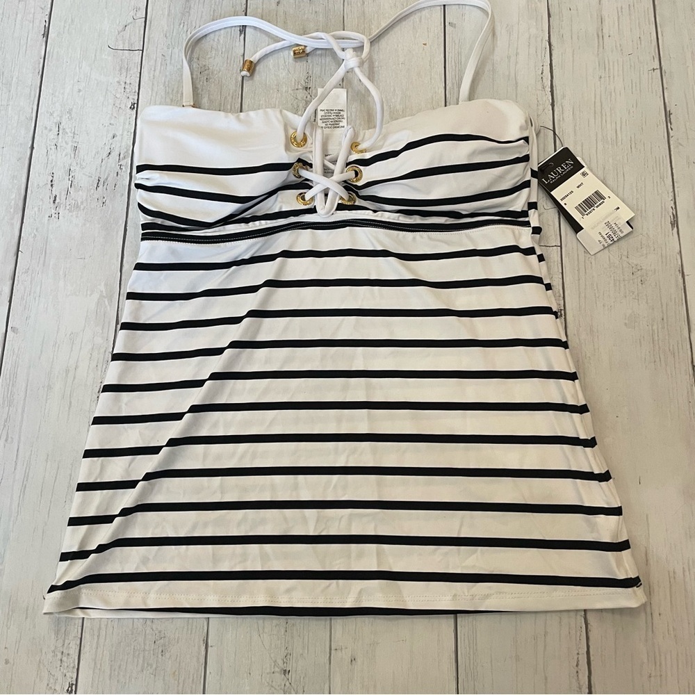 Ralph Lauren WHITE Striped Tummy-Control Tankini Swim Top 8 white black slimming - Picture 13 of 13